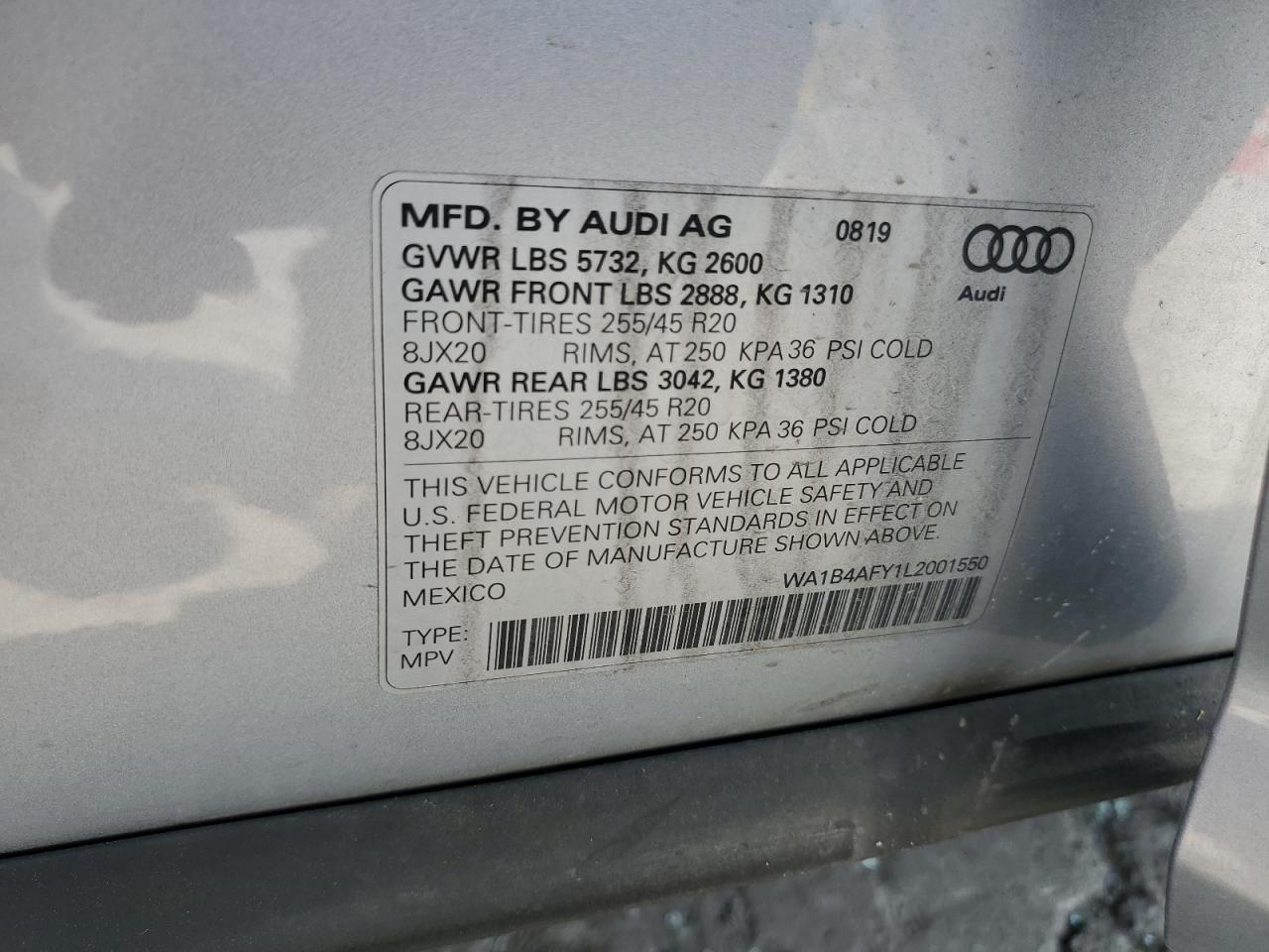 2020 Audi Sq5 Premium Plus VIN: WA1B4AFY1L2001550 Lot: 60164245