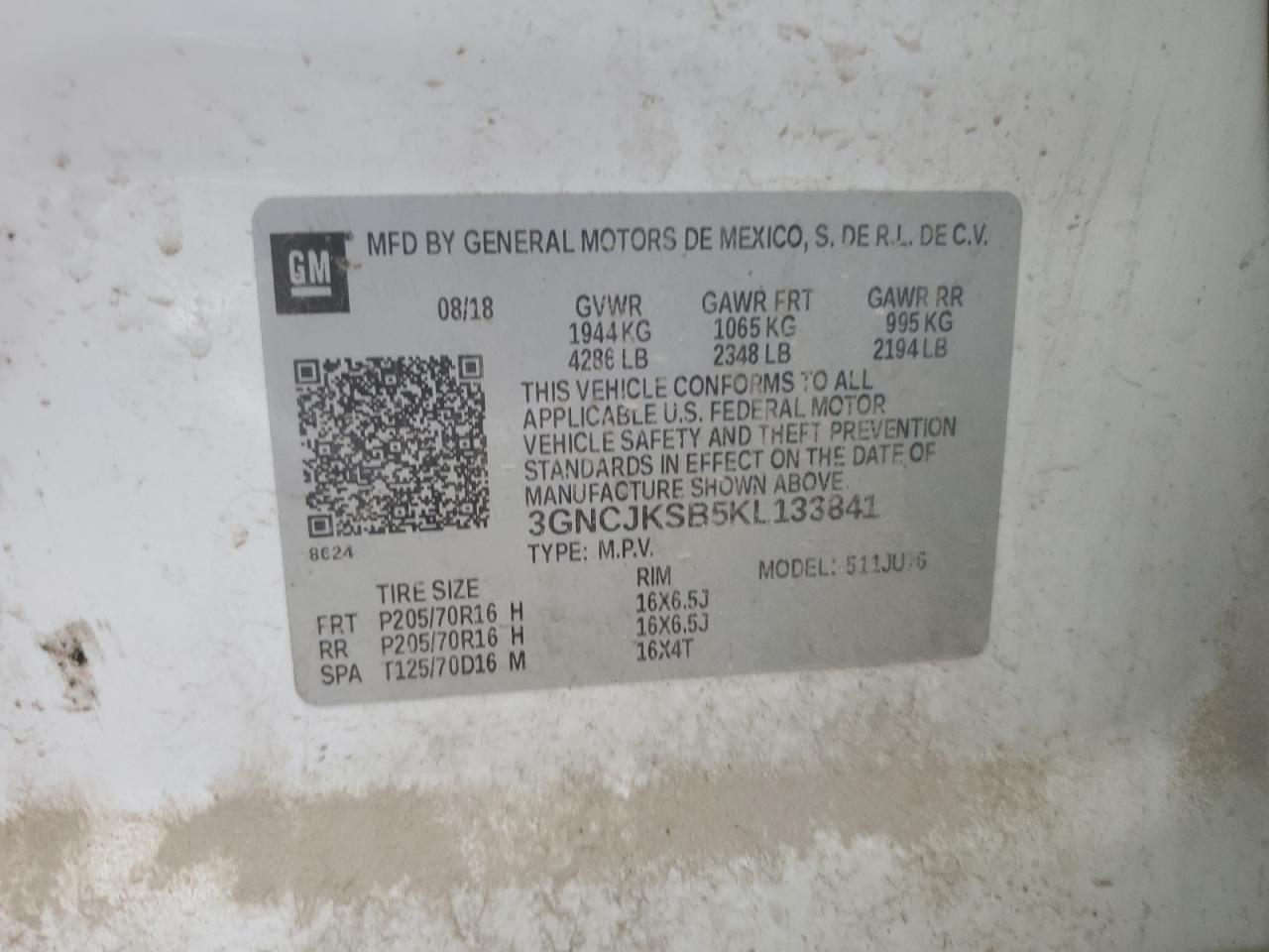 2019 Chevrolet Trax Ls VIN: 3GNCJKSB5KL133841 Lot: 59371415