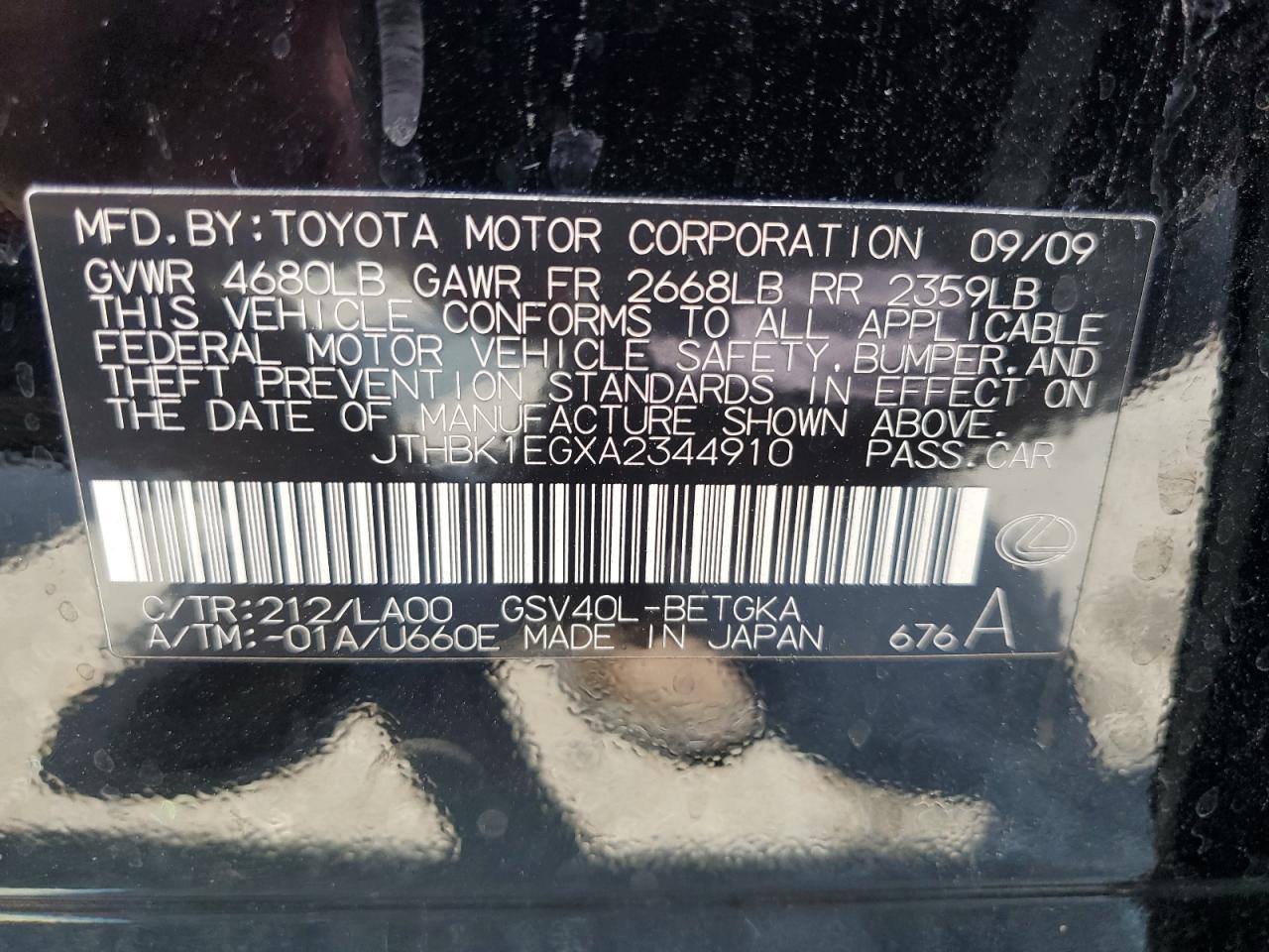 2010 Lexus Es 350 VIN: JTHBK1EGXA2344910 Lot: 62096085