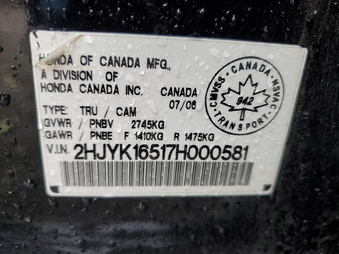 2007 Honda Ridgeline Rtl VIN: 2HJYK16517H000581 Lot: 61777925