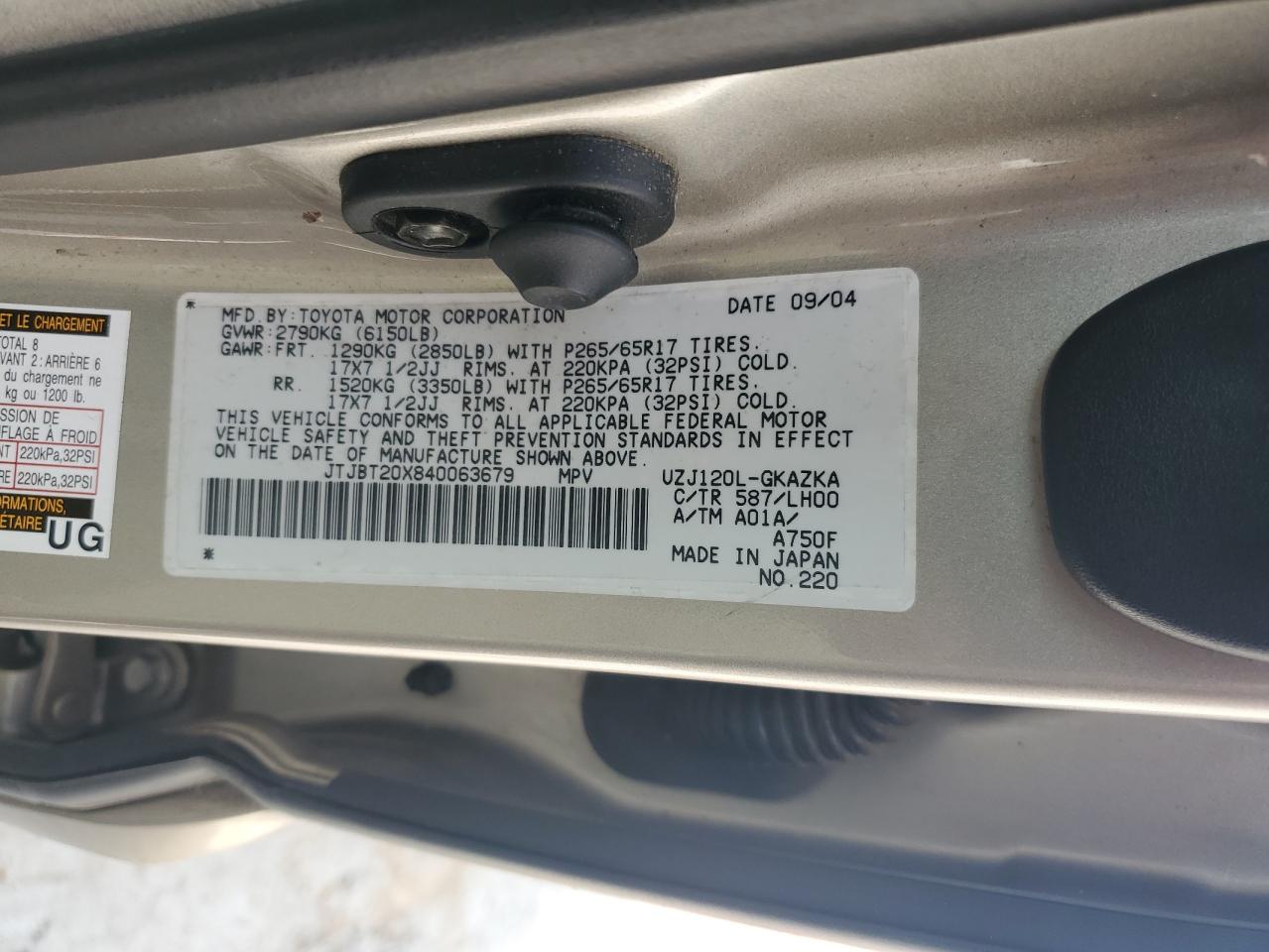 2004 Lexus Gx 470 VIN: JTJBT20X840063679 Lot: 60680115