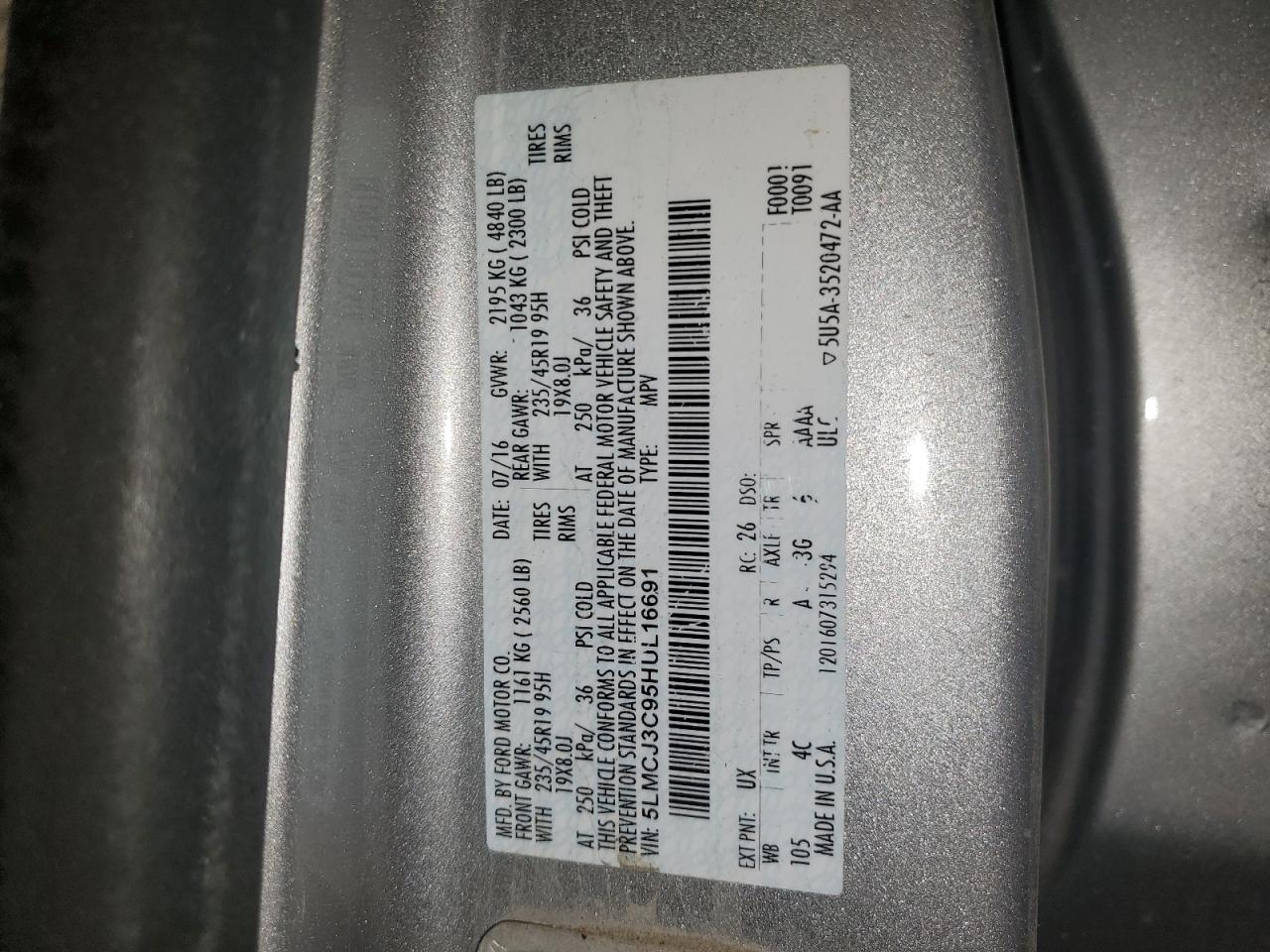 2017 Lincoln Mkc Reserve VIN: 5LMCJ3C95HUL16691 Lot: 60919875