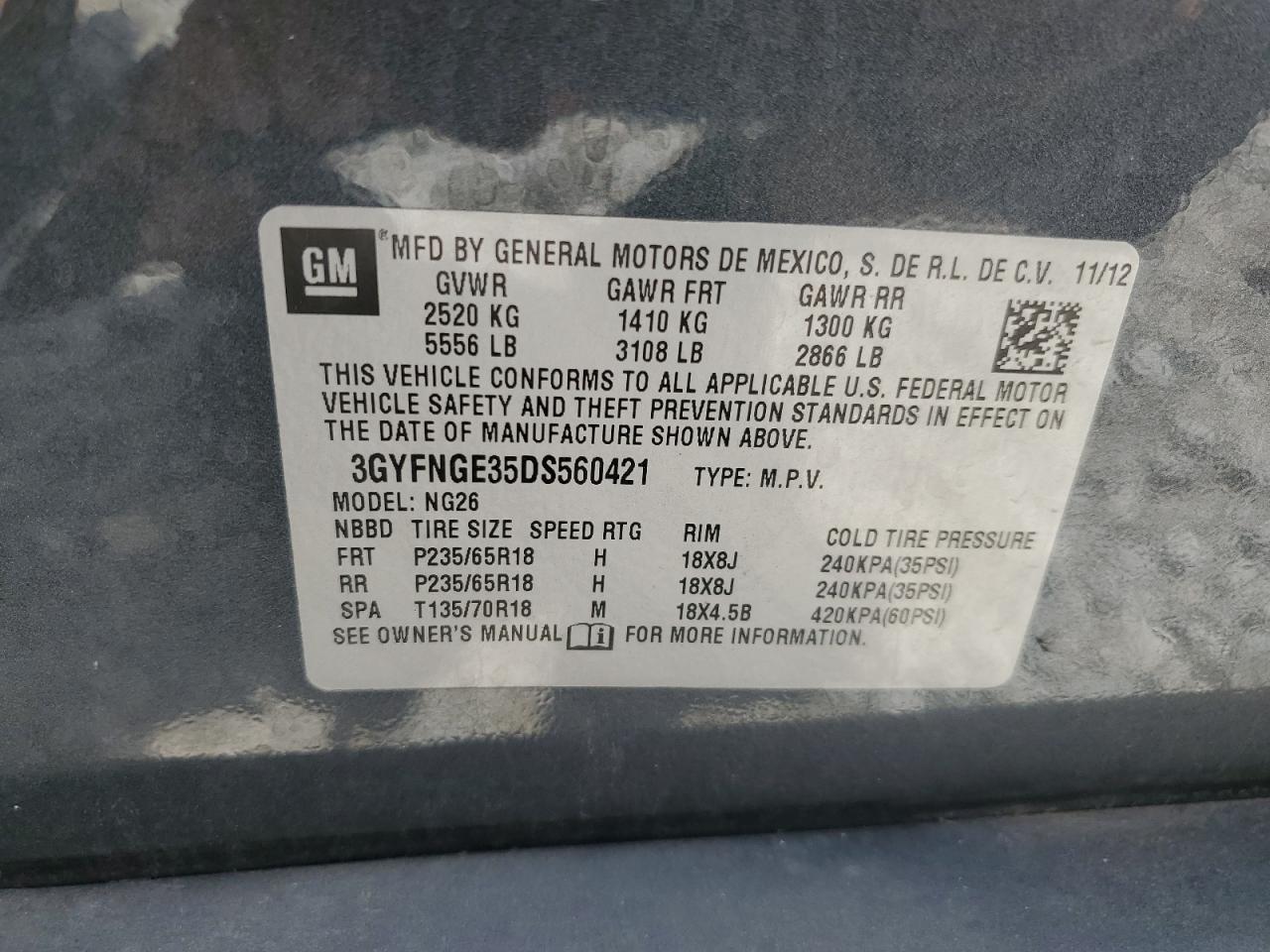 2013 Cadillac Srx Luxury Collection VIN: 3GYFNGE35DS560421 Lot: 60589825