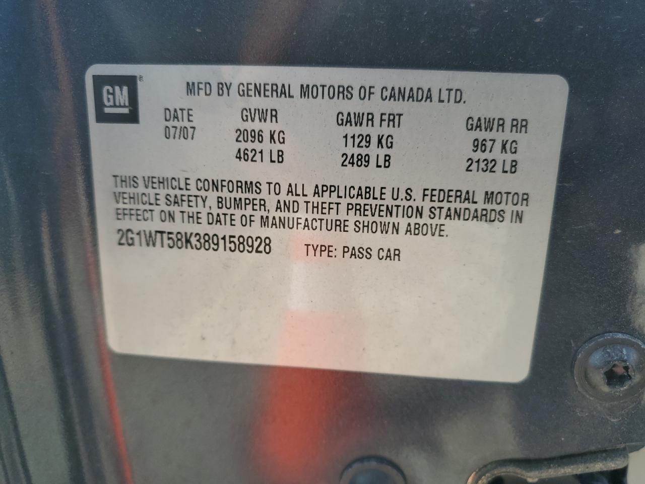 2008 Chevrolet Impala Lt VIN: 2G1WT58K389158928 Lot: 59215865