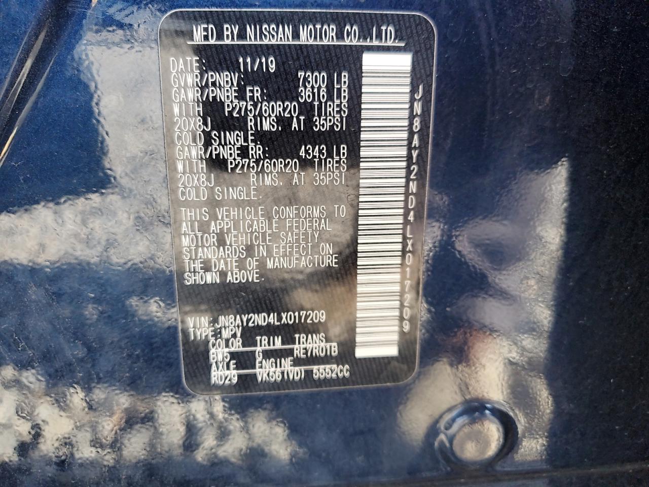 2020 Nissan Armada Sv VIN: JN8AY2ND4LX017209 Lot: 62538675