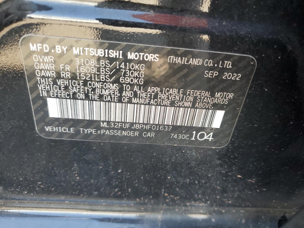 2023 Mitsubishi Mirage G4 Es VIN: ML32FUFJ8PHF01637 Lot: 60441255