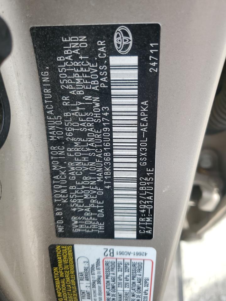 2006 Toyota Avalon Xl VIN: 4T1BK36B16U091743 Lot: 60745185