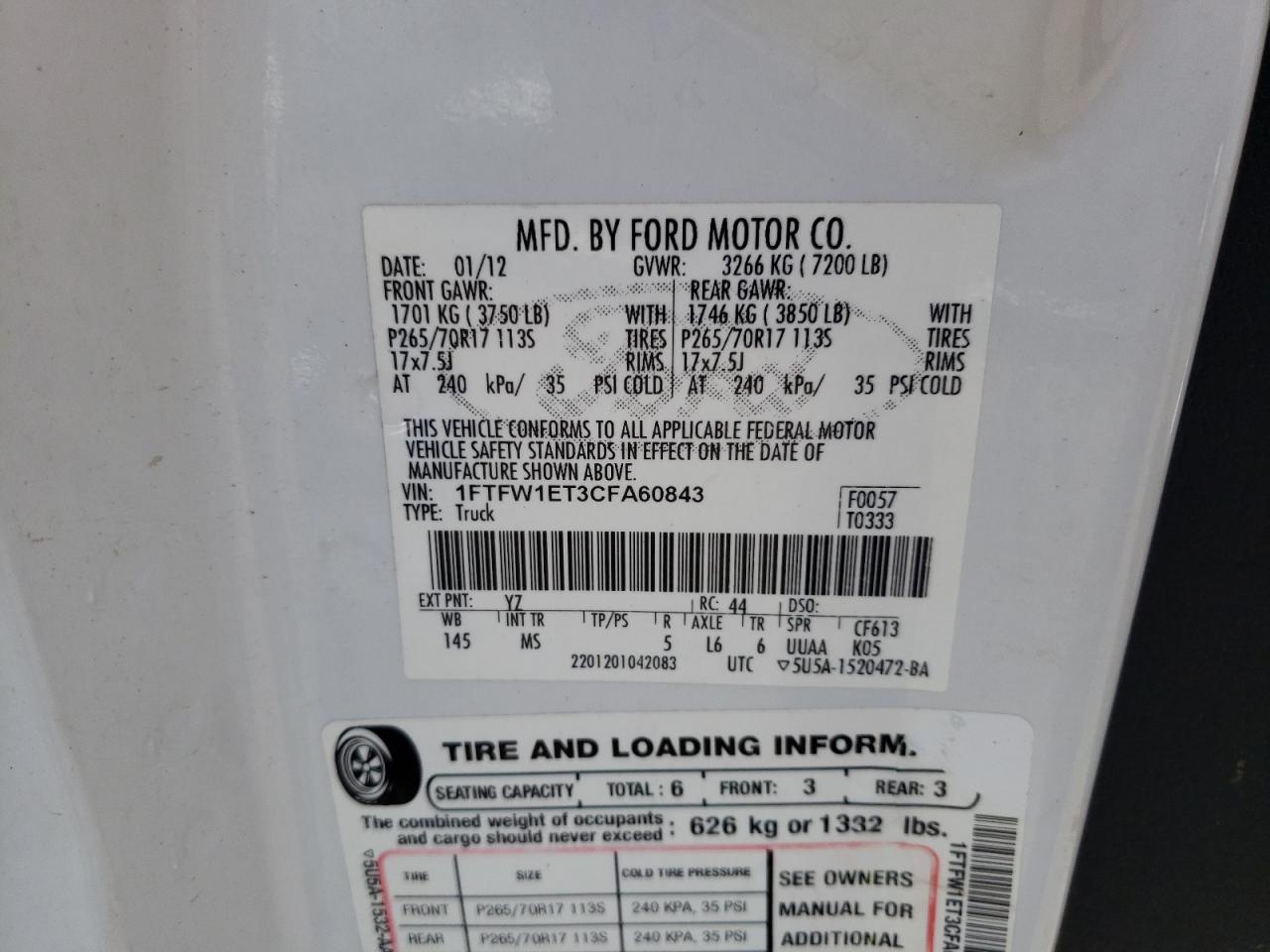 2012 Ford F150 Supercrew VIN: 1FTFW1ET3CFA60843 Lot: 62497205