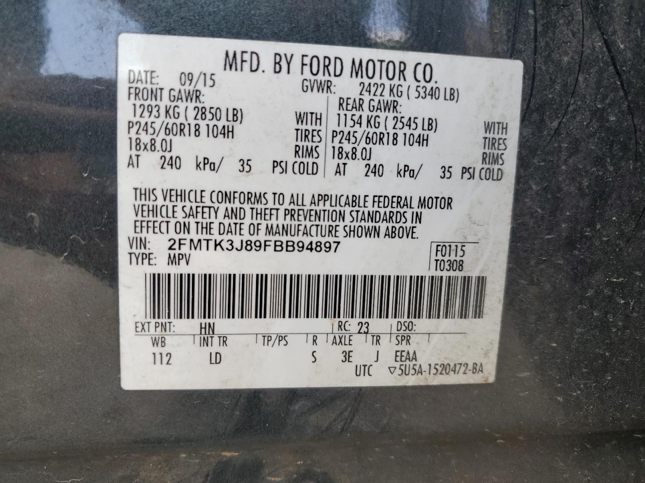 2015 Ford Edge Sel VIN: 2FMTK3J89FBB94897 Lot: 60686215