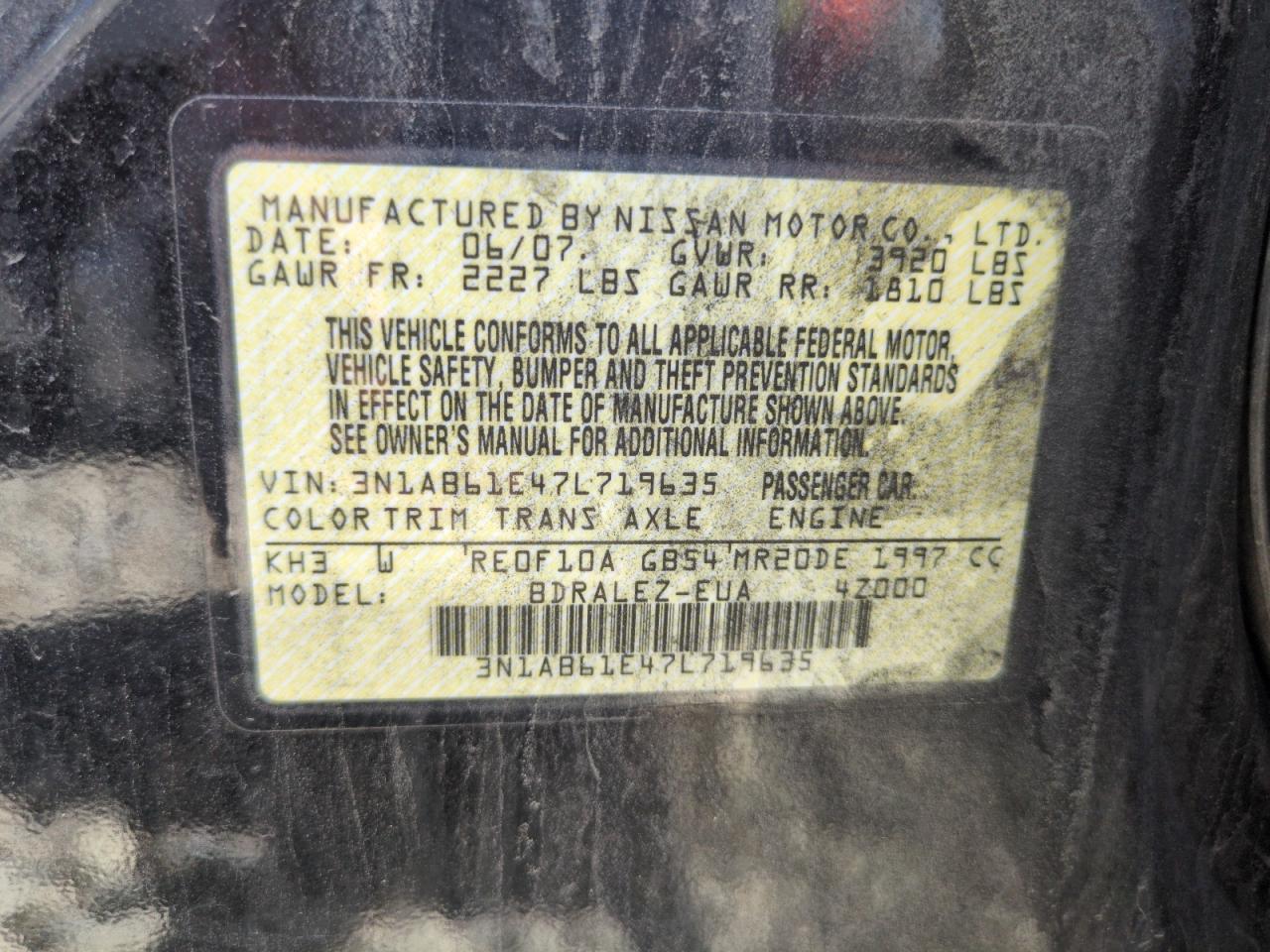 2007 Nissan Sentra 2.0 VIN: 3N1AB61E47L719635 Lot: 60543665