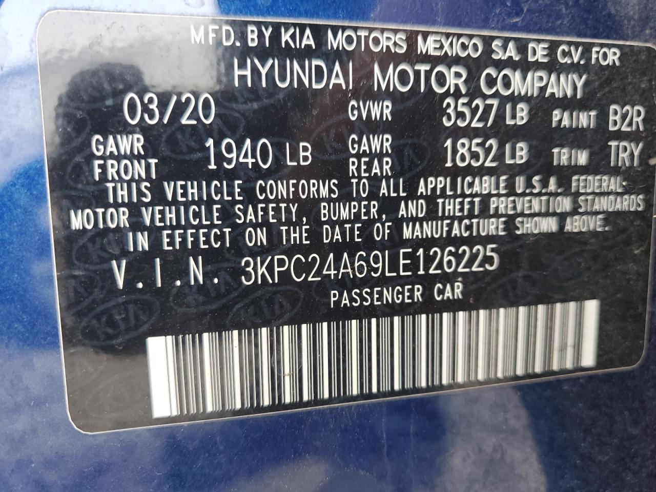 2020 Hyundai Accent Se VIN: 3KPC24A69LE126225 Lot: 62317965