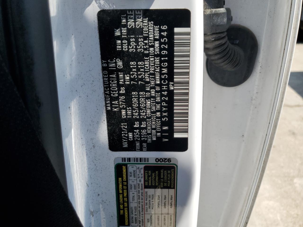 2021 Kia Telluride Lx VIN: 5XYP24HC5MG192546 Lot: 61652215