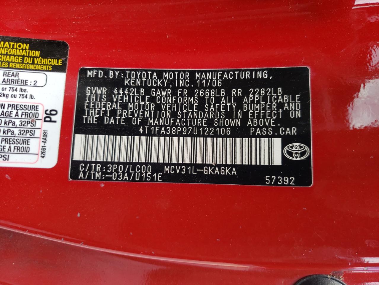 2007 Toyota Camry Solara Se VIN: 4T1FA38P97U122106 Lot: 62671505