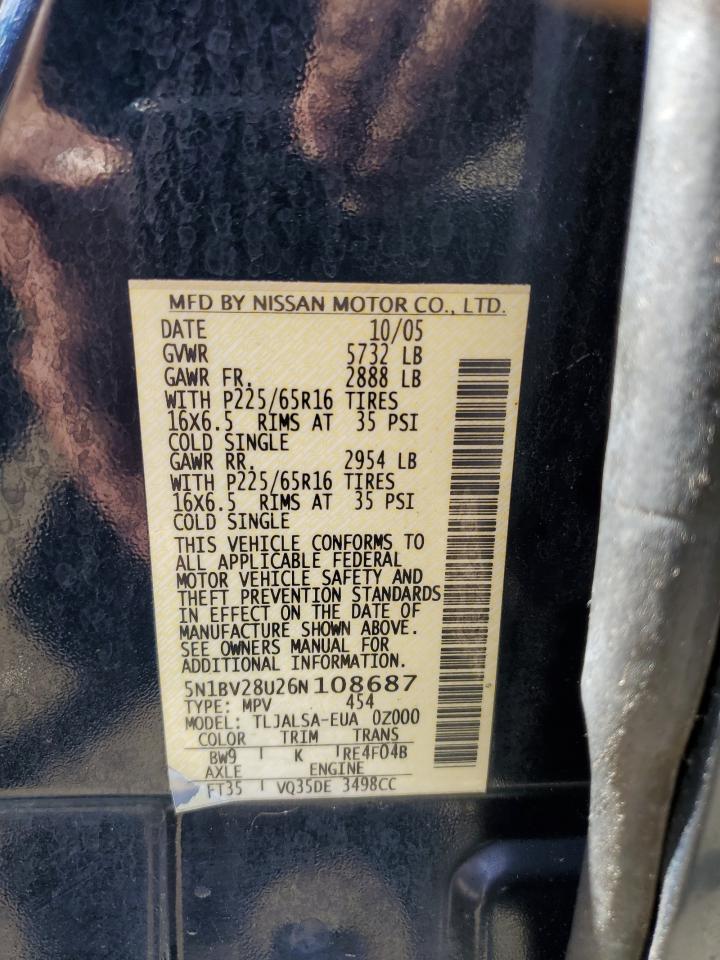 2006 Nissan Quest S VIN: 5N1BV28U26N108687 Lot: 61153795