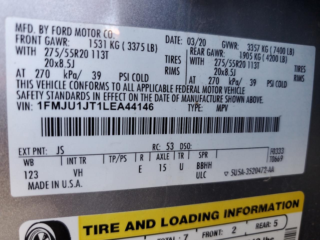 2020 Ford Expedition Xlt VIN: 1FMJU1JT1LEA44146 Lot: 61271725
