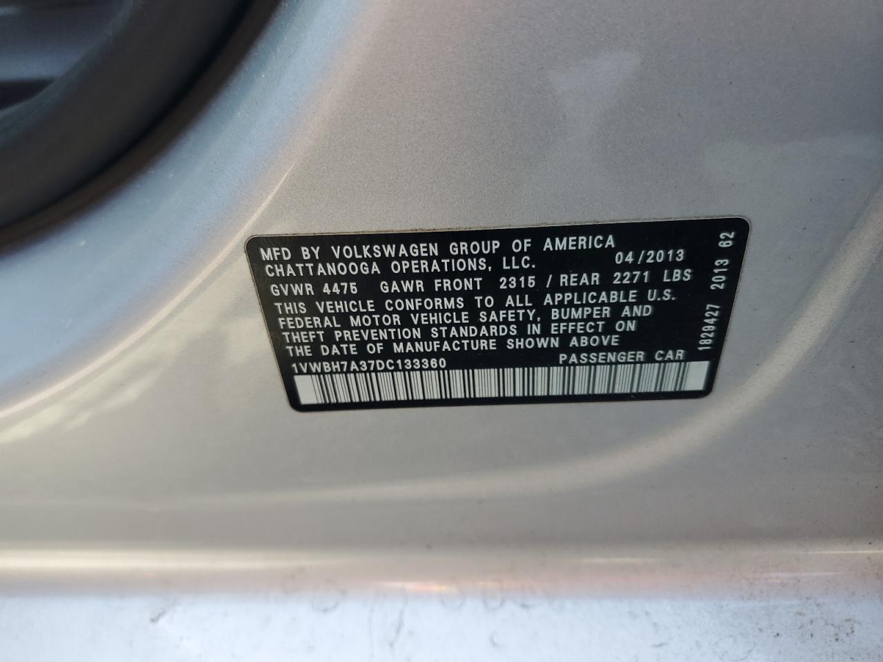 2013 Volkswagen Passat Se VIN: 1VWBH7A37DC133360 Lot: 62824445