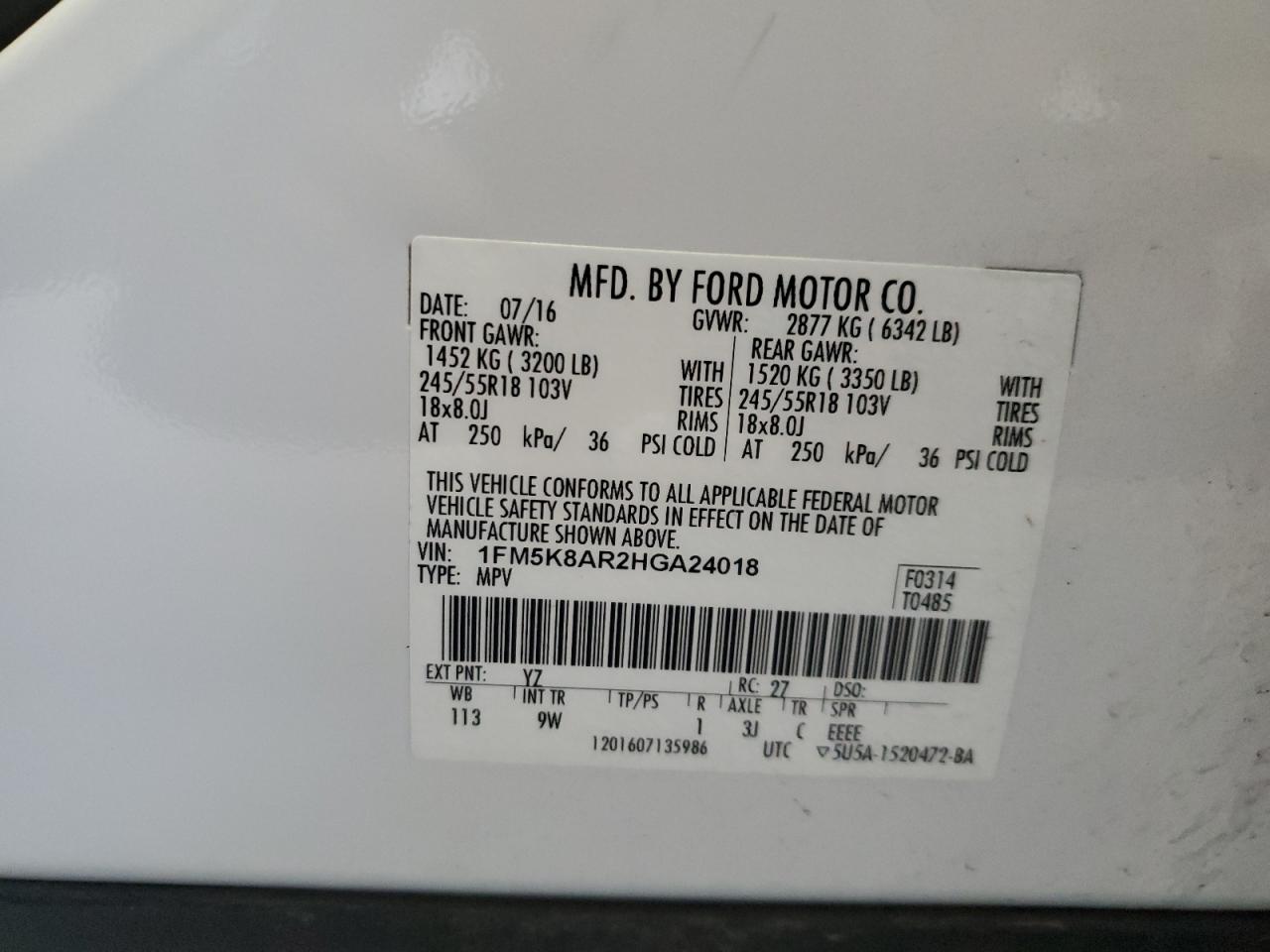 1FM5K8AR2HGA24018 FORD EXPLORER 2017