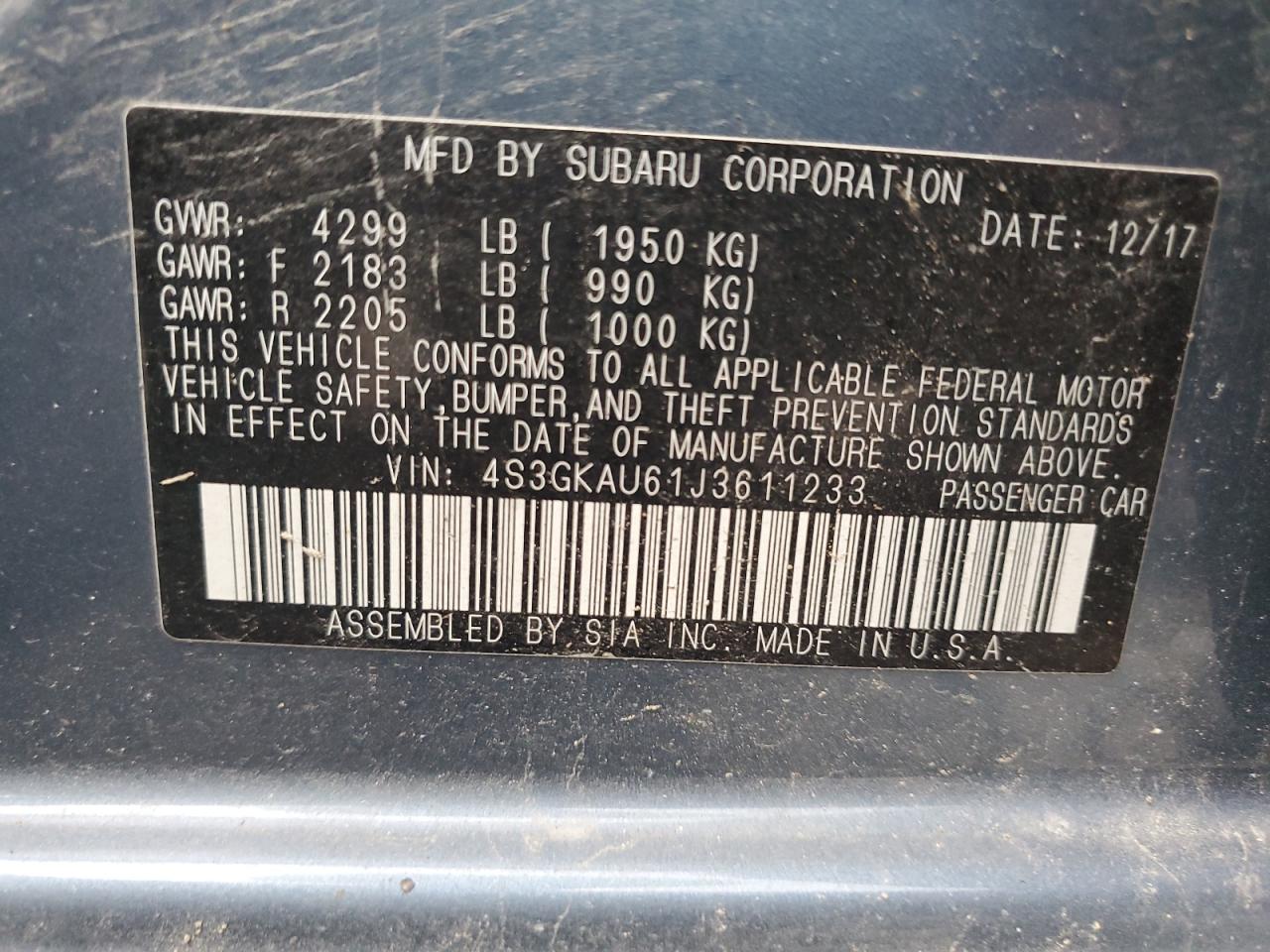2018 Subaru Impreza Limited VIN: 4S3GKAU61J3611233 Lot: 60228745