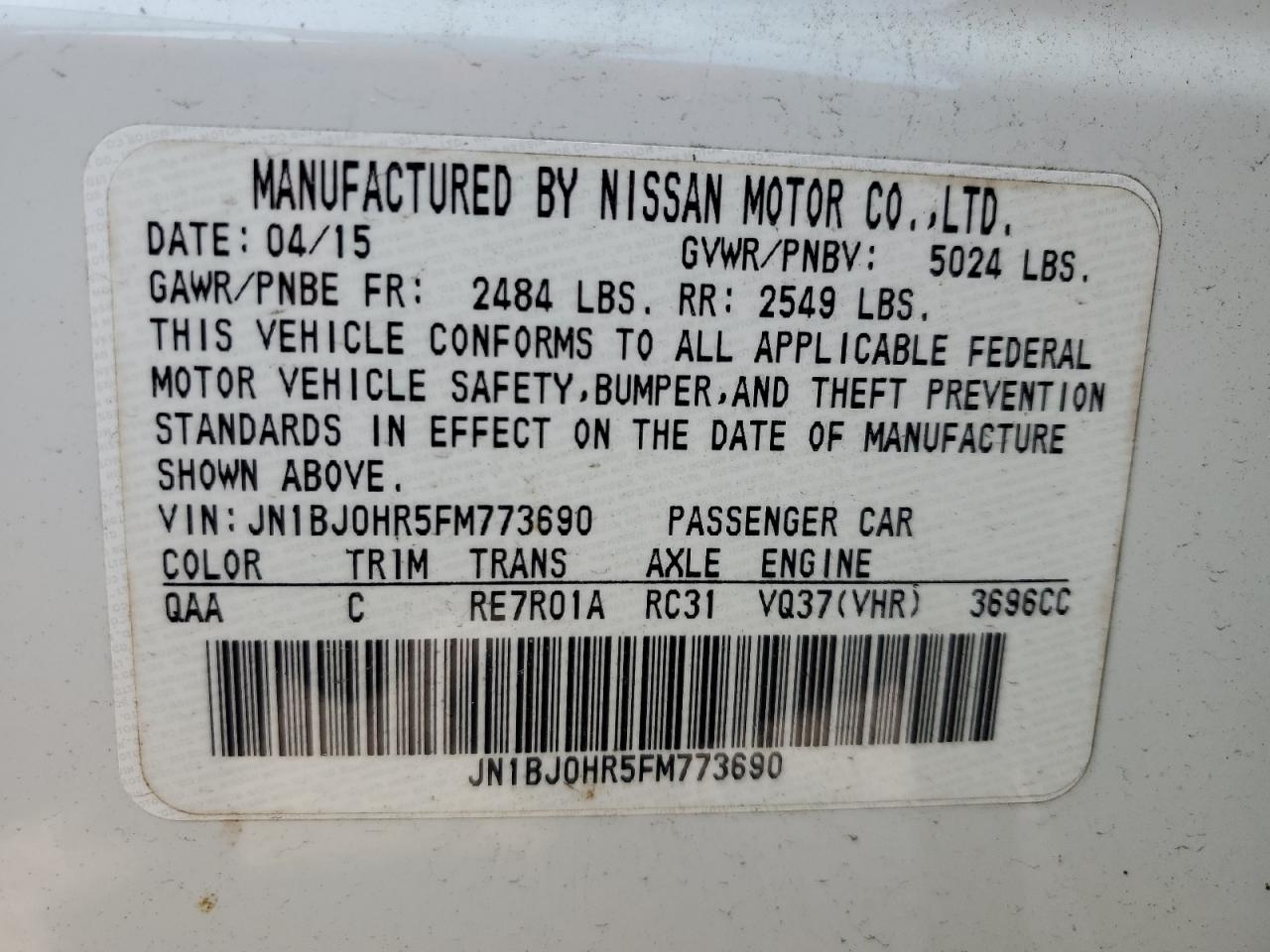 2015 Infiniti Qx50 VIN: JN1BJ0HR5FM773690 Lot: 59536955