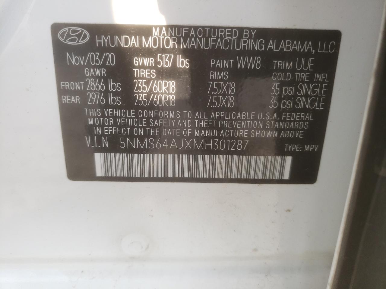 2021 Hyundai Santa Fe Sel VIN: 5NMS64AJXMH301287 Lot: 61287225