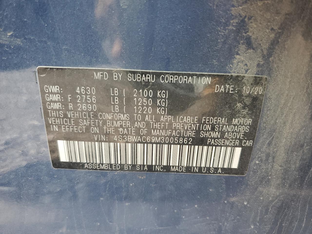 2021 Subaru Legacy Premium VIN: 4S3BWAC69M3005862 Lot: 60305075