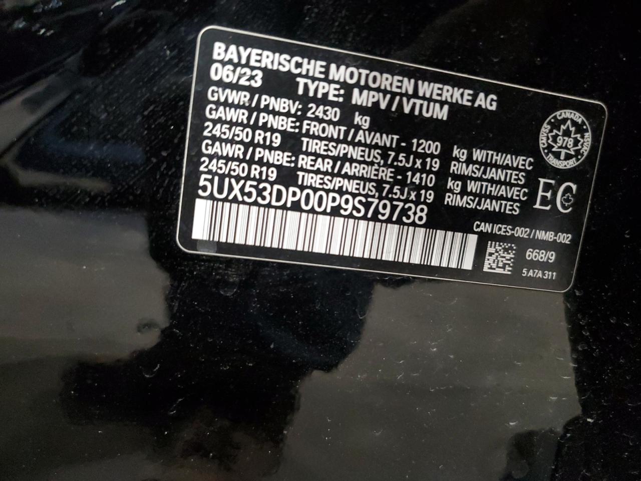 2023 BMW X3 xDrive30I VIN: 5UX53DP00P9S79738 Lot: 62809715