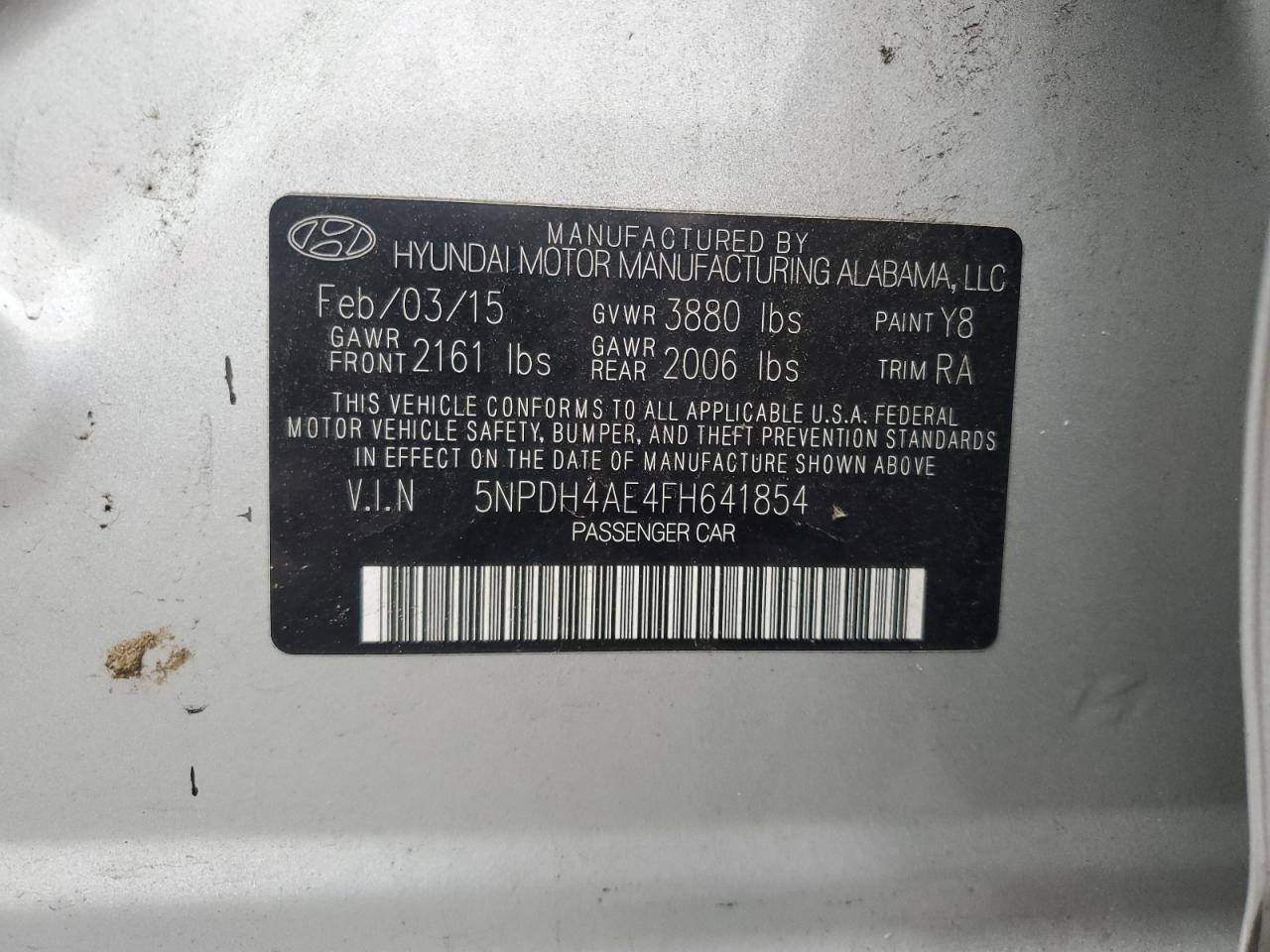 2015 Hyundai Elantra Se VIN: 5NPDH4AE4FH641854 Lot: 59020005