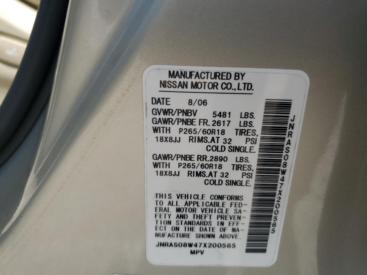 2007 Infiniti Fx35 VIN: JNRAS08W47X200565 Lot: 62377555