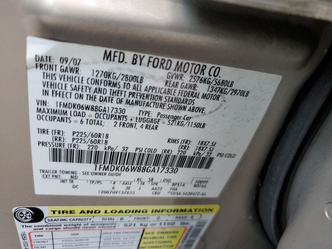 2008 Ford Taurus X Limited VIN: 1FMDK06W88GA17330 Lot: 58788945
