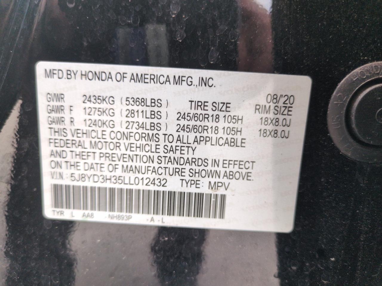 2020 Acura Mdx VIN: 5J8YD3H35LL012432 Lot: 59707045