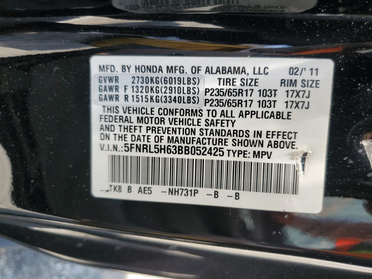 2011 Honda Odyssey Exl VIN: 5FNRL5H63BB052425 Lot: 62197885