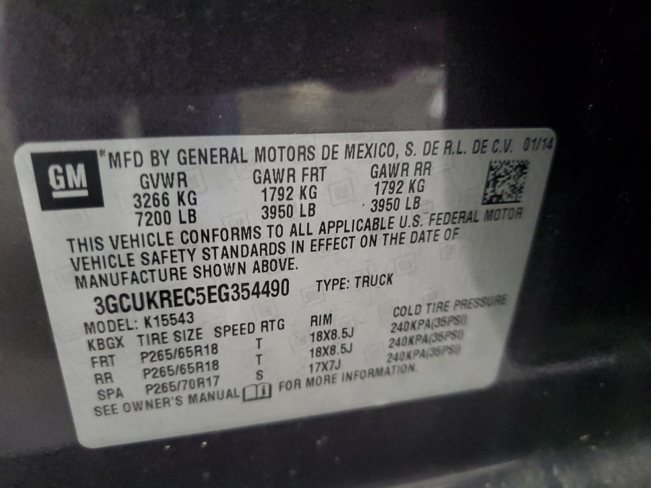 2014 Chevrolet Silverado K1500 Lt VIN: 3GCUKREC5EG354490 Lot: 62918105