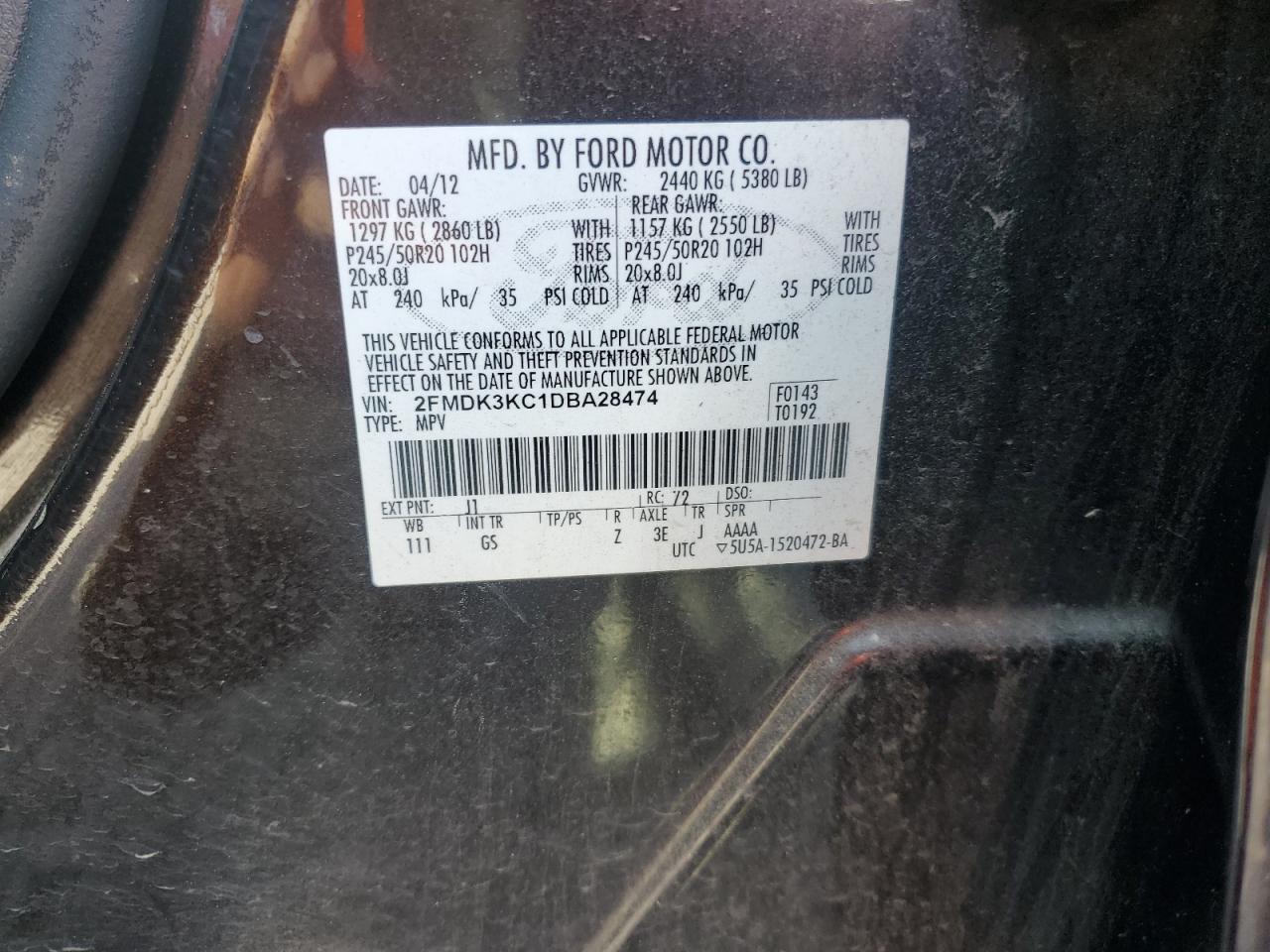 2013 Ford Edge Limited VIN: 2FMDK3KC1DBA28474 Lot: 61550745