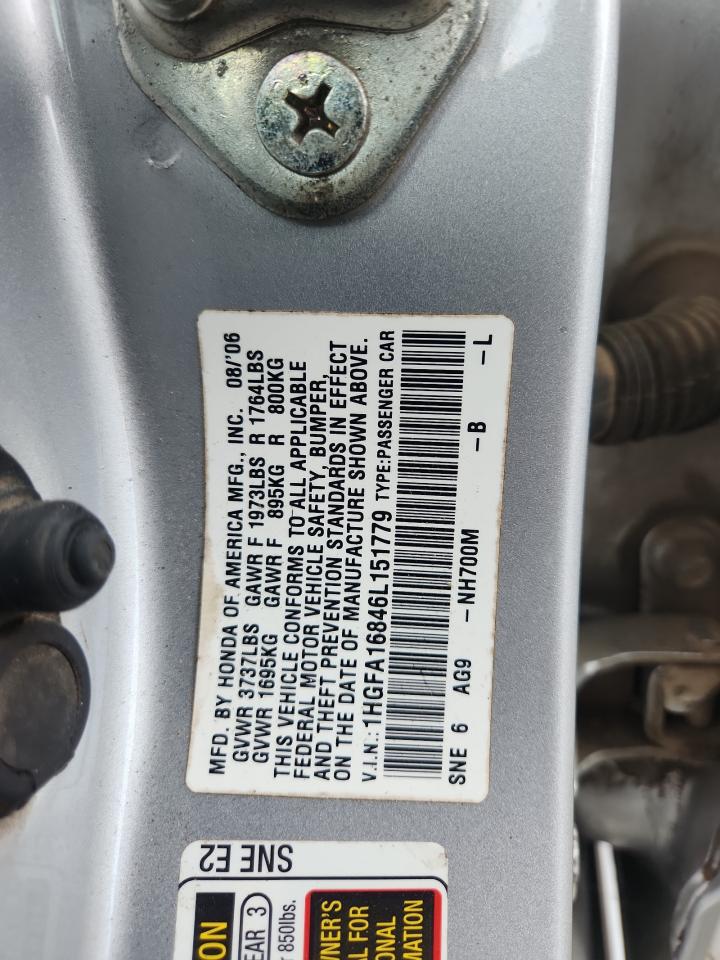 2006 Honda Civic Ex VIN: 1HGFA16846L151779 Lot: 62922675