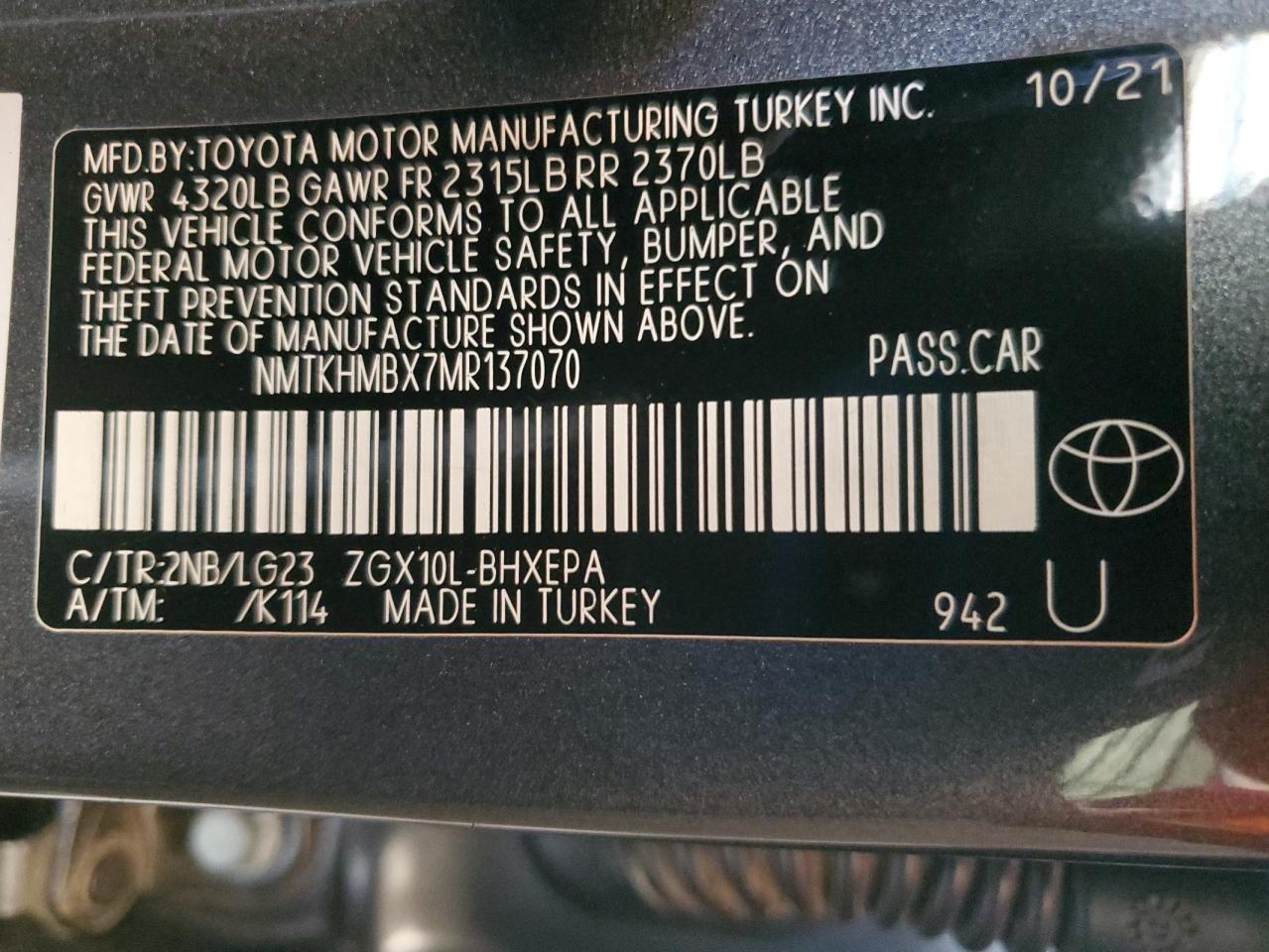 2021 Toyota C-Hr Xle VIN: NMTKHMBX7MR137070 Lot: 61968295