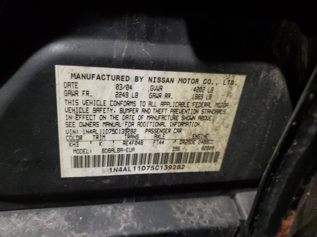 2005 Nissan Altima S VIN: 1N4AL11D75C139282 Lot: 61087435
