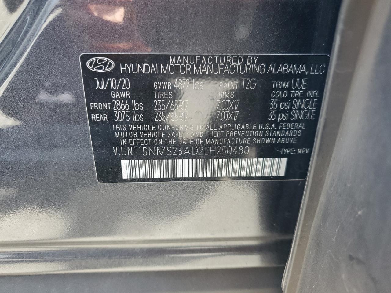 2020 Hyundai Santa Fe Se VIN: 5NMS23AD2LH250480 Lot: 63041695