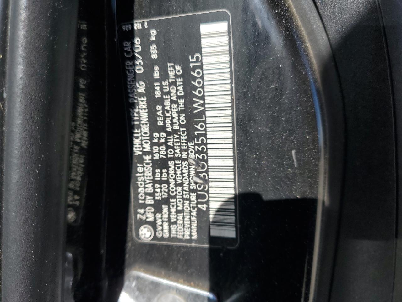 2006 BMW Z4 3.0 VIN: 4USBU33516LW66615 Lot: 61217905