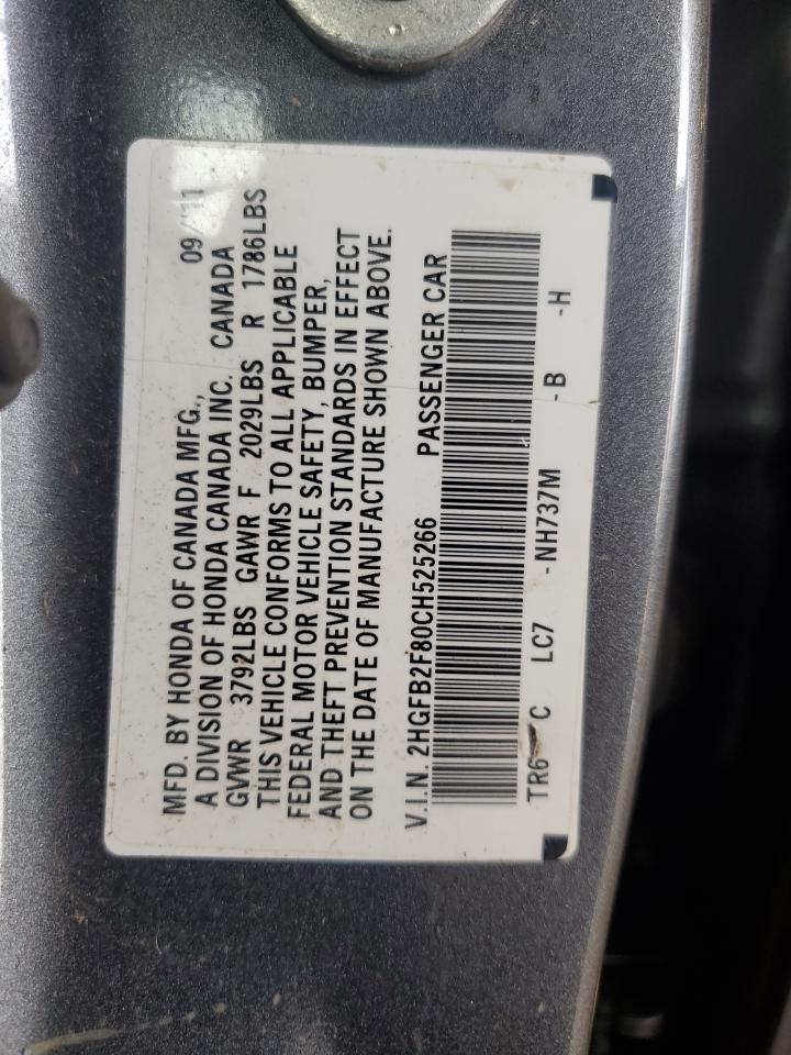 2012 Honda Civic Ex VIN: 2HGFB2F80CH525266 Lot: 62705565