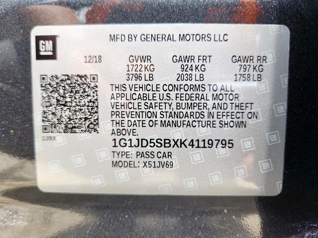 2019 Chevrolet Sonic Lt VIN: 1G1JD5SBXK4119795 Lot: 60897275