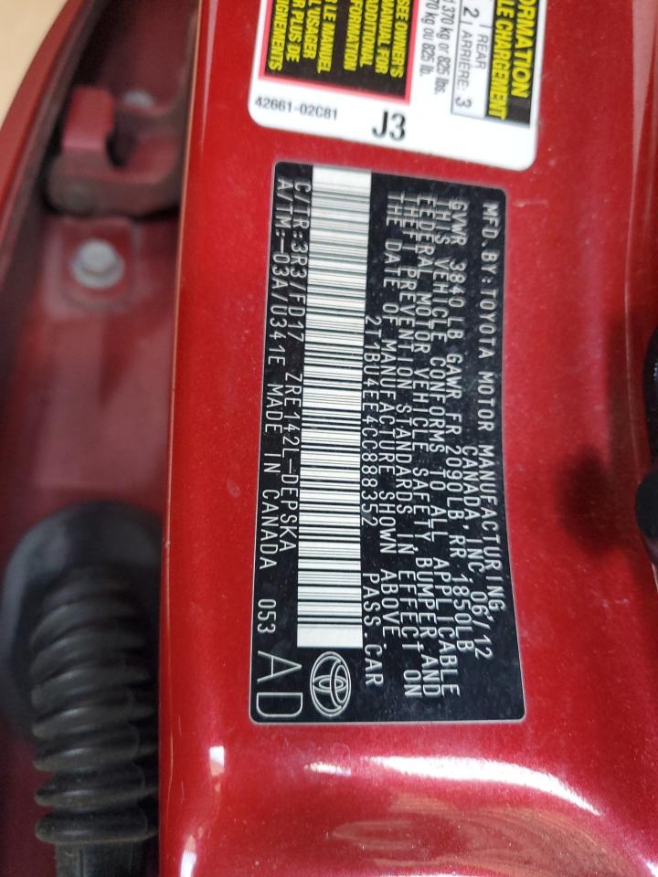 TOYOTA COROLLA 2012 VIN 2T1BU4EE4CC888352 zdjęcie 12