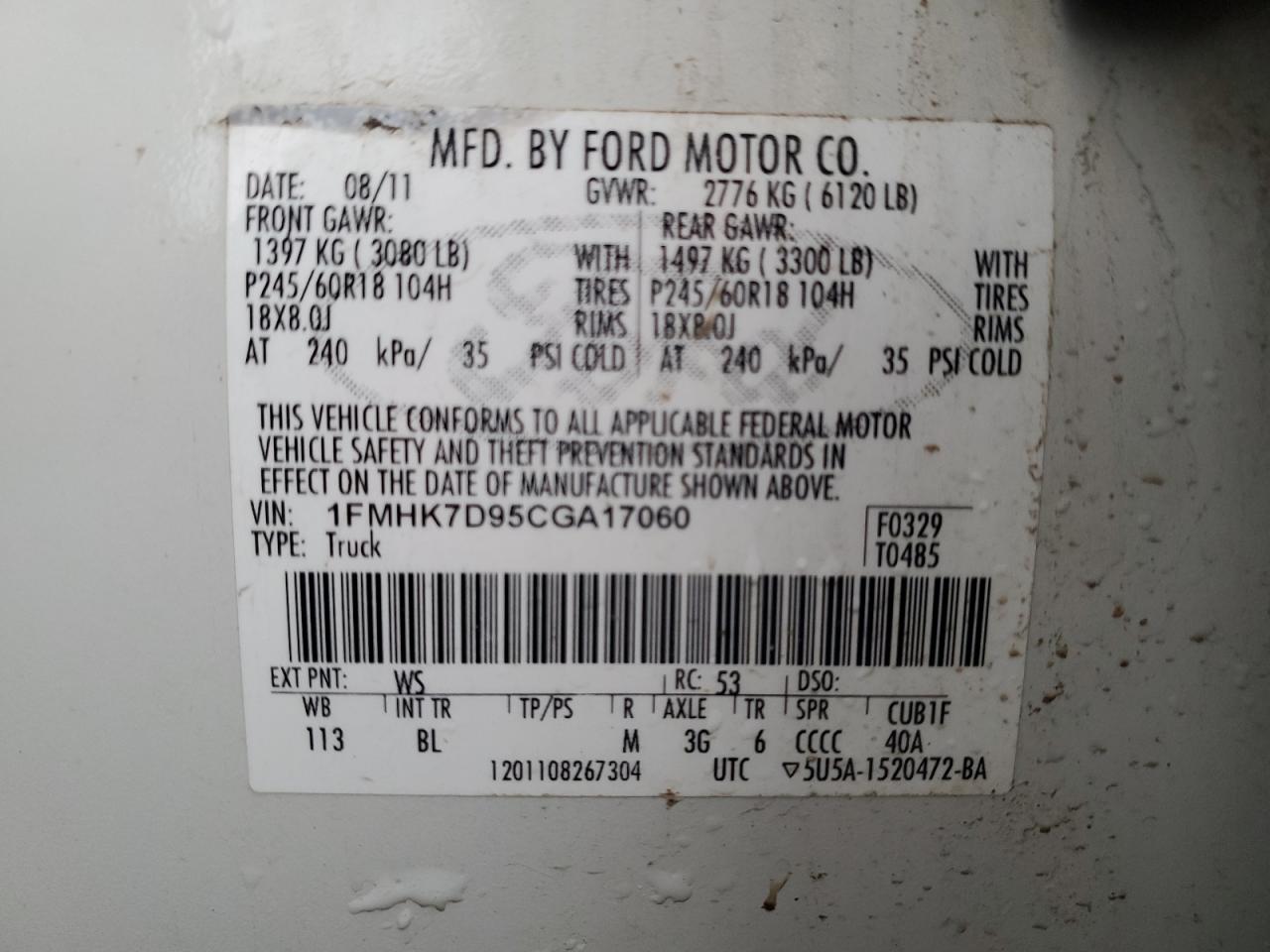 2012 Ford Explorer Xlt VIN: 1FMHK7D95CGA17060 Lot: 62719885