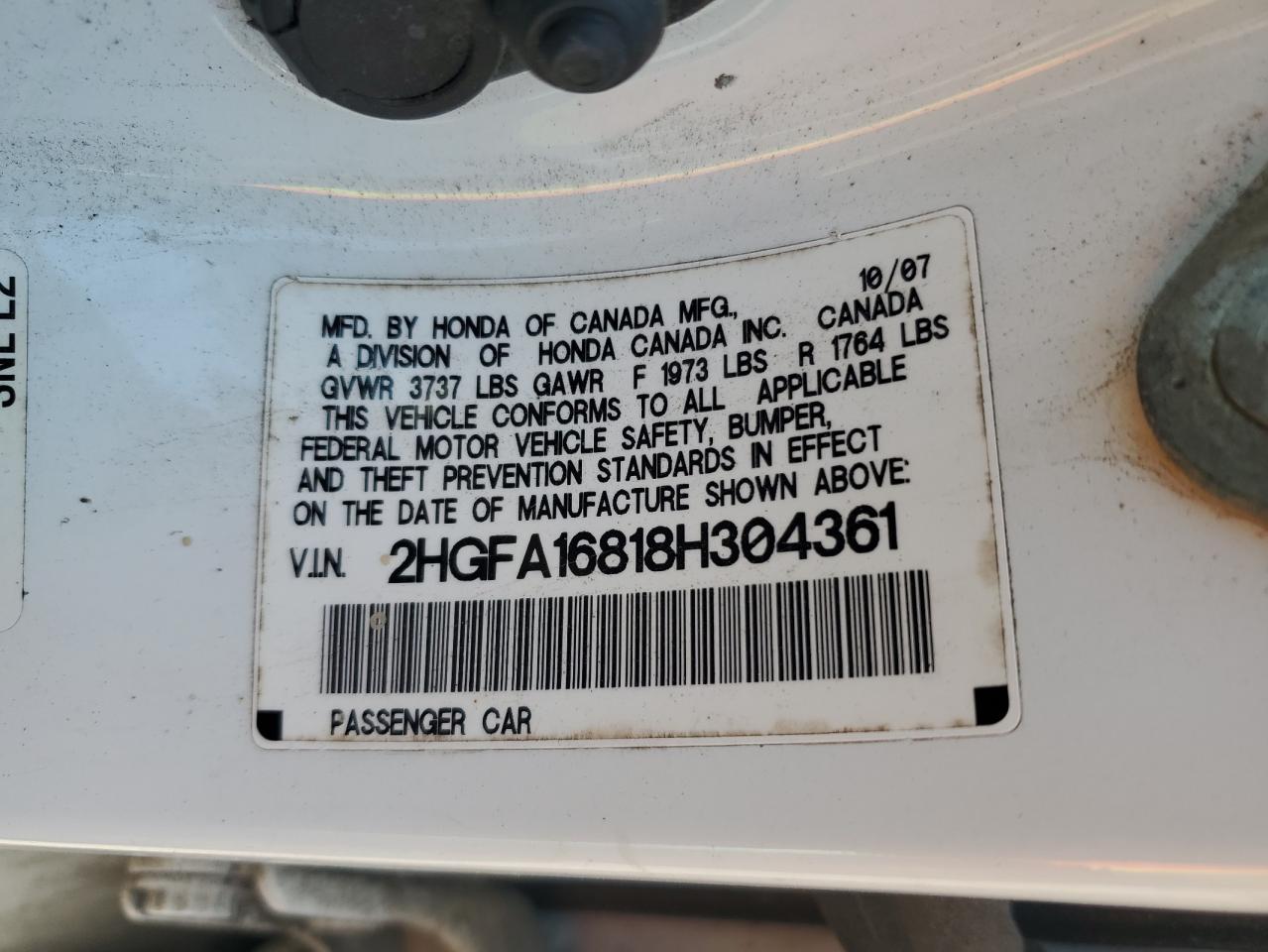 2008 Honda Civic Ex VIN: 2HGFA16818H304361 Lot: 62574835
