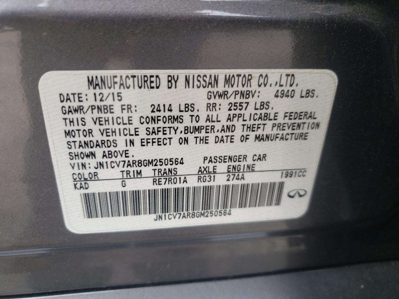 2016 Infiniti Q50 Base VIN: JN1CV7AR8GM250564 Lot: 63825475