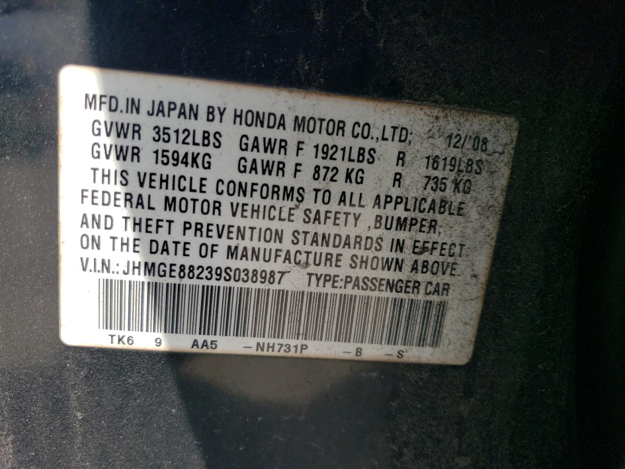 2009 Honda Fit VIN: JHMGE88239S038987 Lot: 60155435