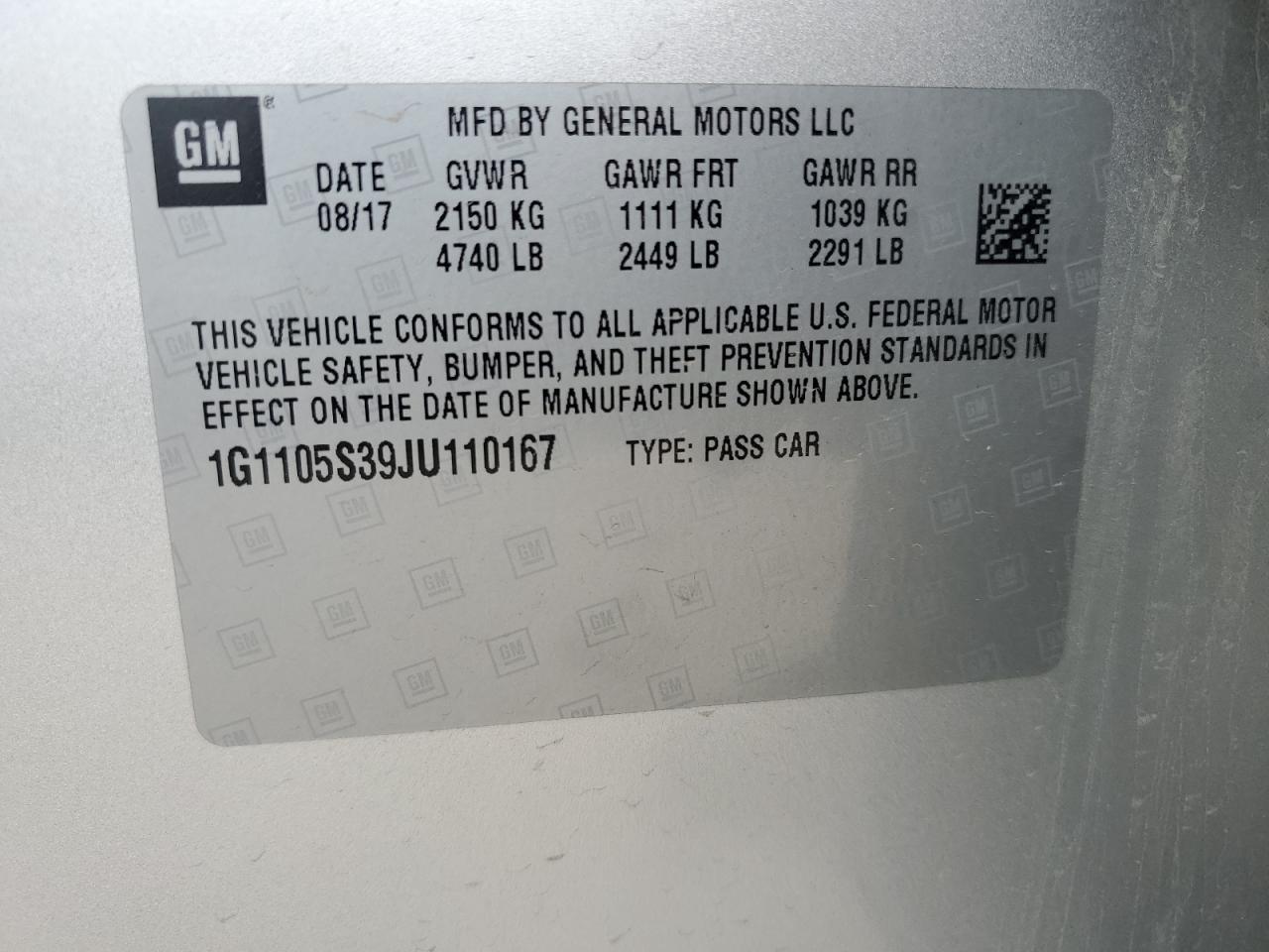2018 Chevrolet Impala Lt VIN: 1G1105S39JU110167 Lot: 62702975