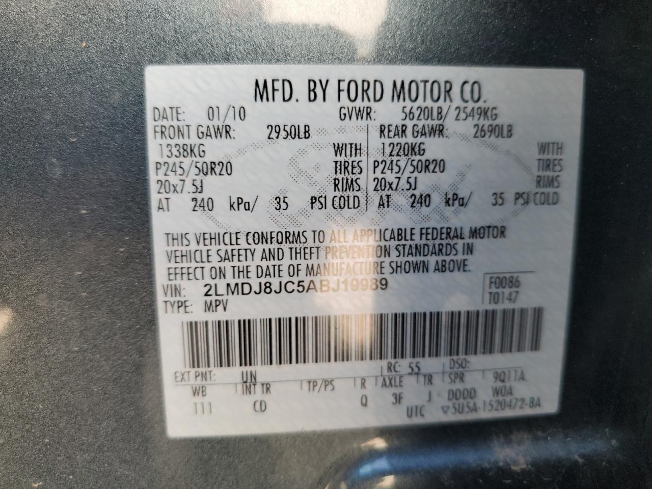 2010 Lincoln Mkx VIN: 2LMDJ8JC5ABJ19989 Lot: 62888235