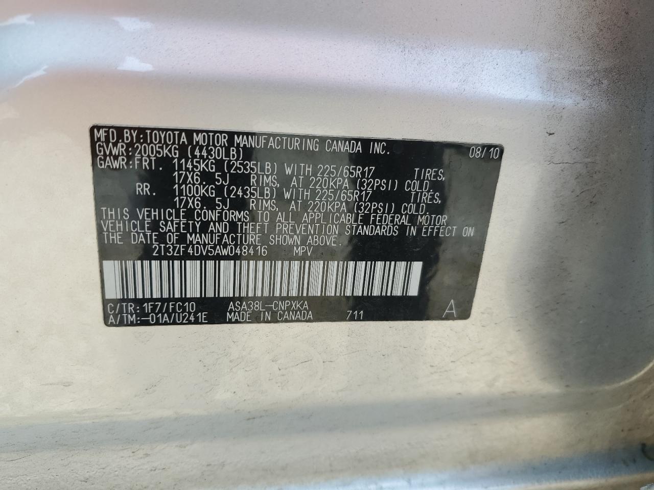 TOYOTA RAV4 2010 VIN 2T3ZF4DV5AW048416 фото 13