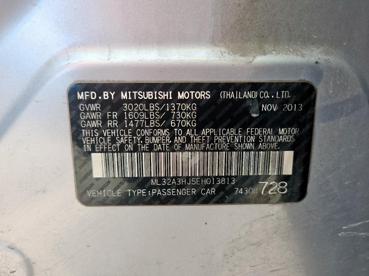 2014 Mitsubishi Mirage De VIN: ML32A3HJ5EH013813 Lot: 62671415
