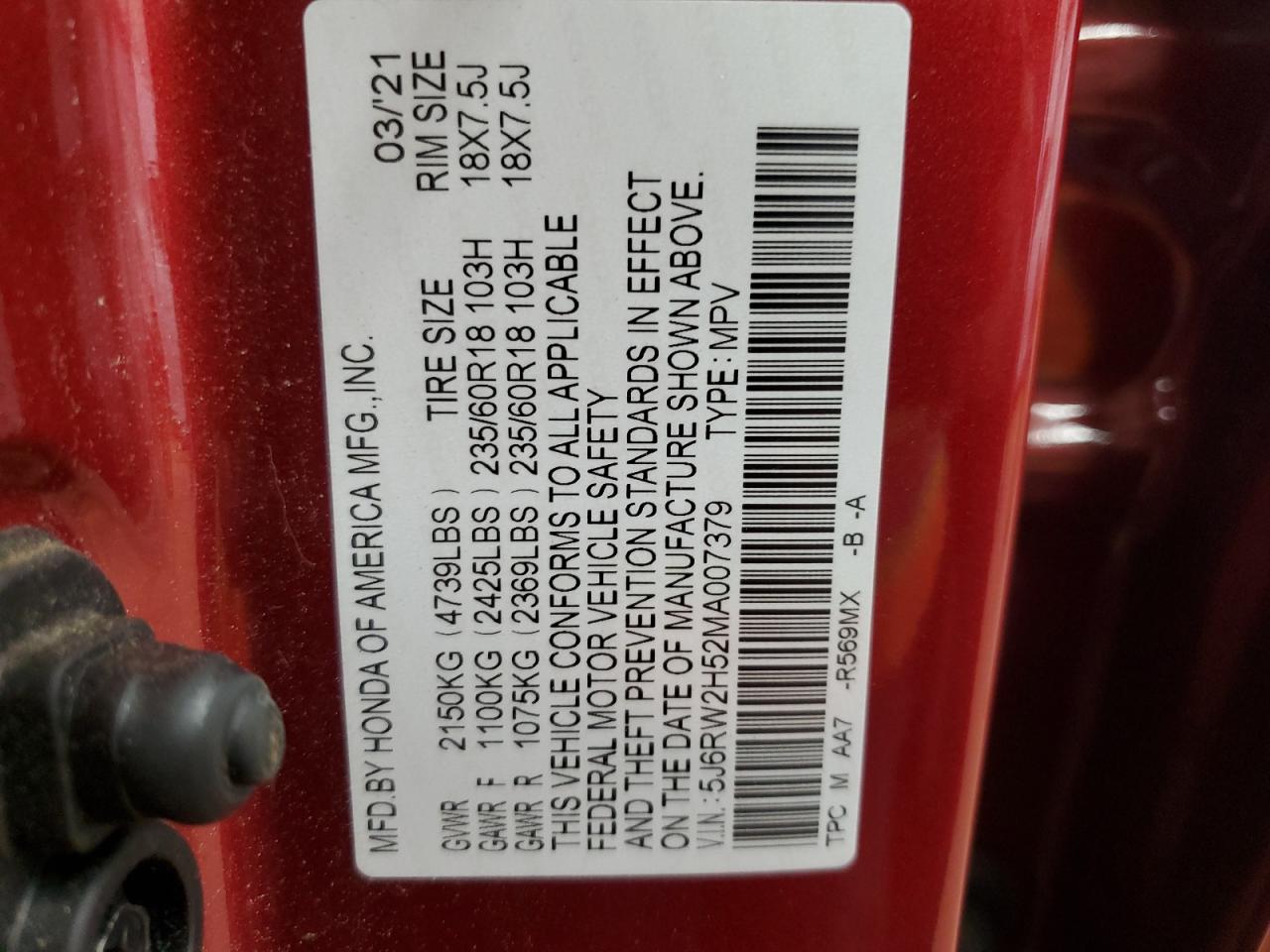 2021 Honda Cr-V Ex VIN: 5J6RW2H52MA007379 Lot: 60669135